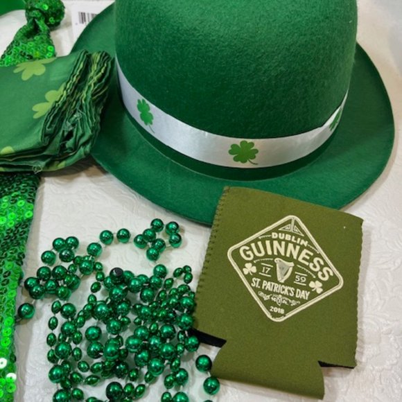 St Patrick's Day Hat, Tie, Scarf, Beads, Vintage Guinness Koozie Package Lot - Picture 2 of 16